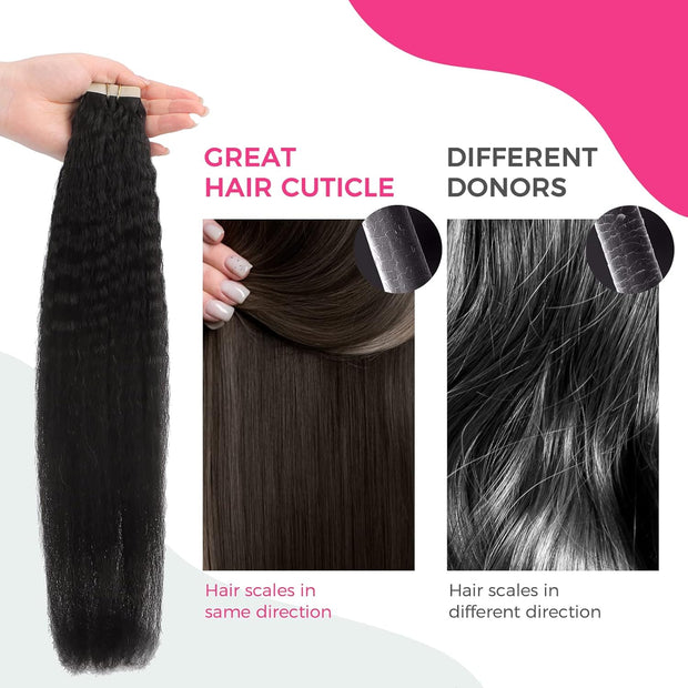 Tape-in Premium Human Hair Natural Color Kinky Straight - 20Pcs/Pack