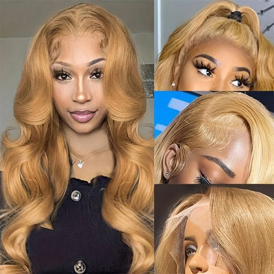 13X4 lace Body Wave #27 Wig Transparent Lace frontal wig 200 Density 100 Remy Human Hair Honey Blonde