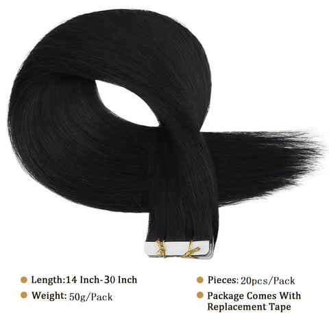 Tape In Hair Extensions Human Hair 50g Straight Black and Dark Brown Color With Replacement Tapes 20 Pcs, Remover