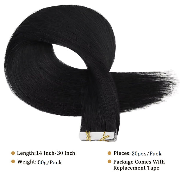 Tape In Hair Extensions Human Hair 50g Straight Black and Dark Brown Color With Replacement Tapes 20 Pcs, Remover