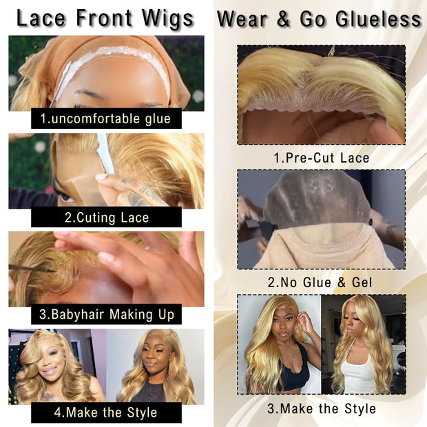 13x4 Lace Glueless Pre-Cut Lace Blonde(613) Wig Body Wave 180 Density Wear and Go Wig Human Hair