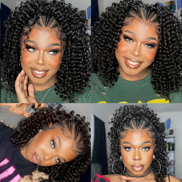 Fancy Hair Cornrow with Curly Braided Wig, Baby Hair Glueless Transparent 13x4 Inch Lace Frontal Wig for Black Women 12 to 16 inches