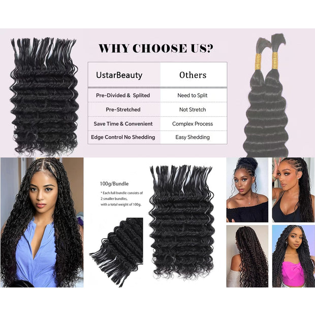 Pre-Divided Human Hair Bulk Deep Wave Braiding Hair for Boho Braids Human Hair Bulk for Braiding Curly Human Hair for Boho Locs Boho Crochet Braids Human Hair Extensions