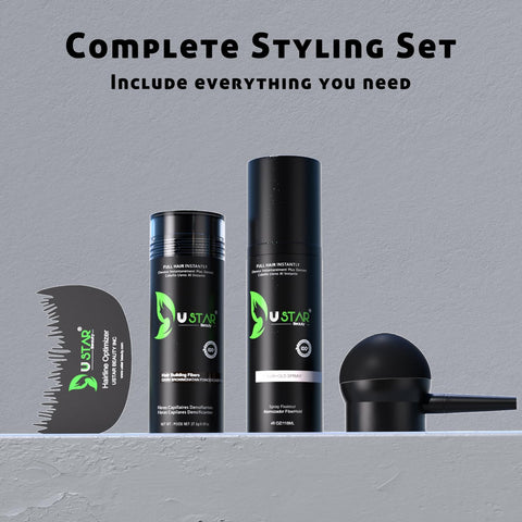 Ustar Hair Building Fibers .97oz/27.5g  4 in 1 Gift Pack (Hair Fibers, Comb, Spray Applicator, FiberHold Spray)