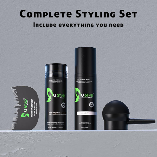 Ustar Hair Building Fibers .42oz/12g  4 in 1 Gift Pack (Hair Fibers, Comb, Spray Applicator, FiberHold Spray)