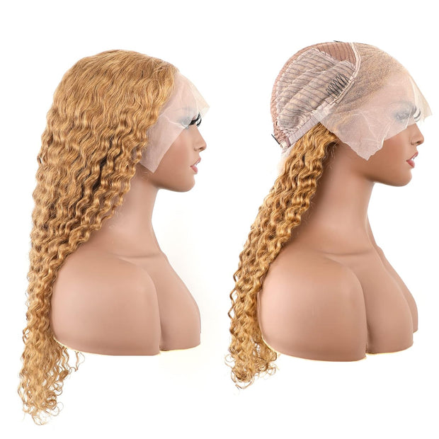 13X4 Deep Wave #27 Wig Transparent Lace Frontal wig 200 Density 100 remy Human Hair Honey Blonde