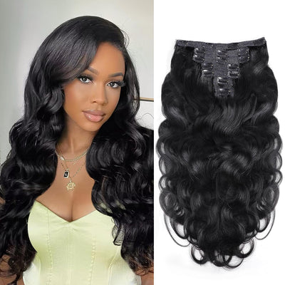 Clip in Mink Hair Extensions 100 Human Hair, 7pcs Natural Black Body Wave