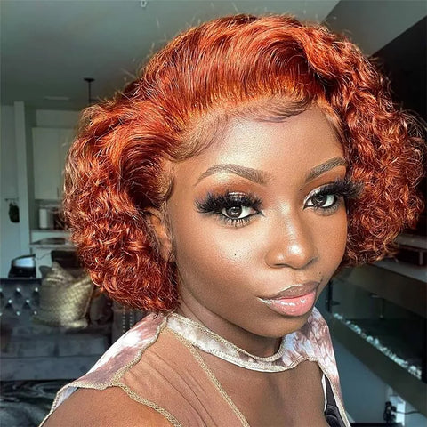 13x1 Lace Front Orange Wigs,Short Curly Human Hair Wigs Pixie Cut Bob Glueless Wigs