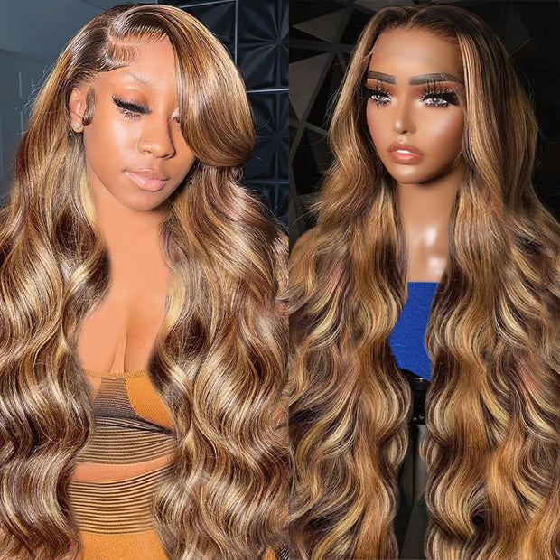 5x5 Highlight Lace Closure Wig Human Hair Body Wave P4/27 Ombre Honey Blonde Wig 180 Density