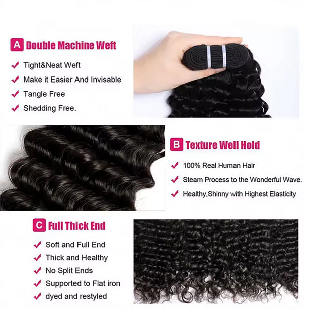 Double Drawn Indian Raw Deep Wave Full End Unprocessed 100% Human Hair Natural Color