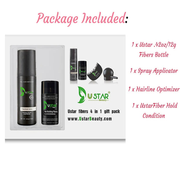 Ustar Hair Building Fibers .42oz/12g  4 in 1 Gift Pack (Hair Fibers, Comb, Spray Applicator, FiberHold Spray)