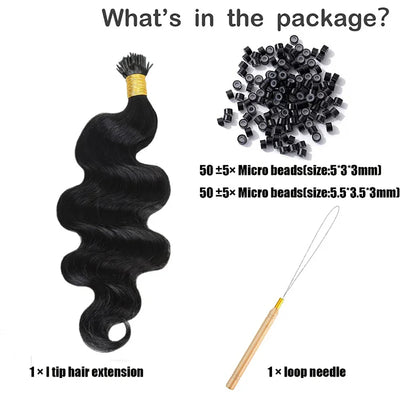 I-tip Premium Hair extensions Natural Black Straight, Deep Wave, Kinky Straight