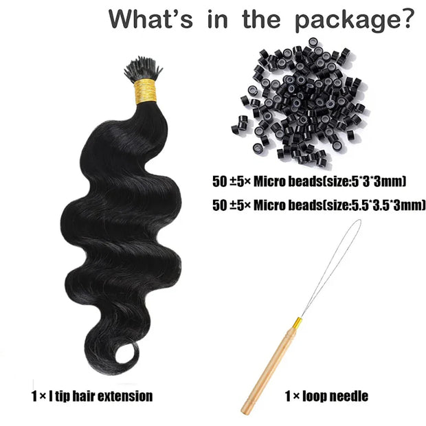 I-tip Premium Hair extensions Natural Black Straight, Deep Wave, Kinky Straight