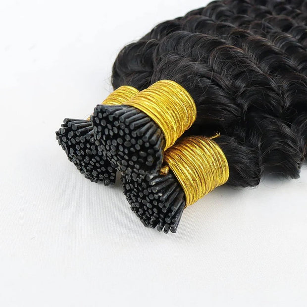 I-tip Premium Hair extensions Natural Black Straight, Deep Wave, Kinky Straight