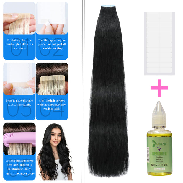 Tape In Extensions Human Hair Straight 20 pcs/pack, 50 grams add gift