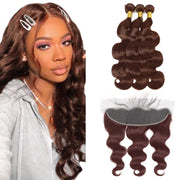 3 Bundles with 13x4 Lace Frontal Body Color #4 Medium Brown Brazilian Virgin Hair
