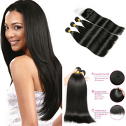 Ustar 7A Natural Black Virgin Straigh Hair 3 Bundles with 4 by 4 Lace Closure