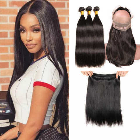 Natural Black Virgin Brazilian Straight Hair 3 Bundles With 360 Lace Frontal