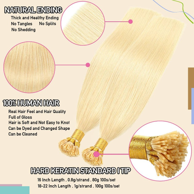 I Tip Straight #613 Blonde Hair Extensions Mink Quality 100 strawns 100% Human Hair