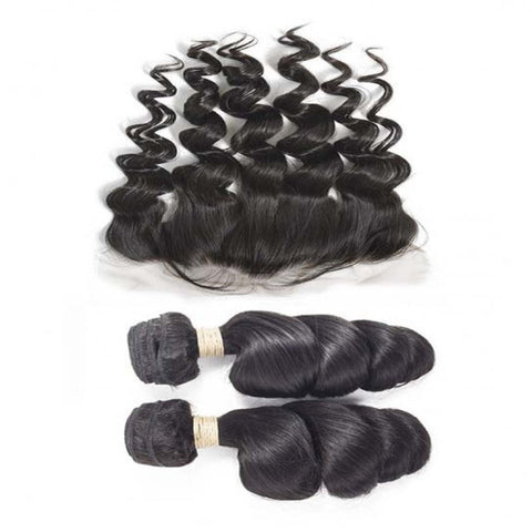 Ustar Natural Black Virgin Loose Wave Hair 2 Bundles with Frontal