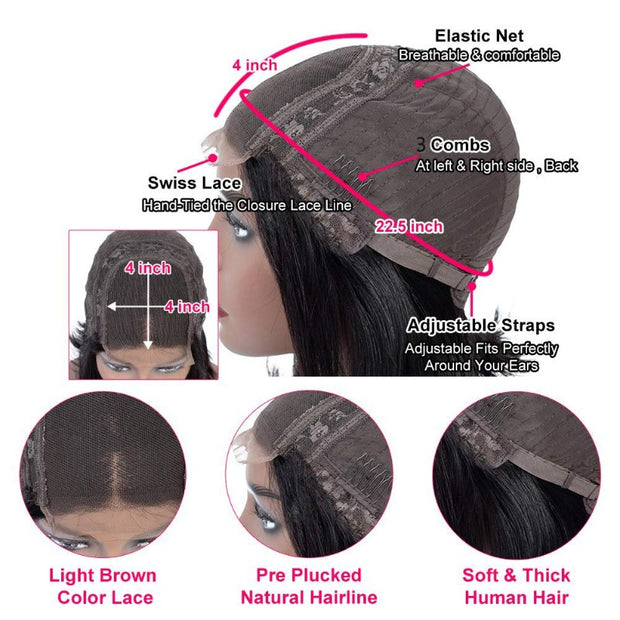 4*4 Lace Closure Wig Deep Wave Transparent Lace Hair Middle Part