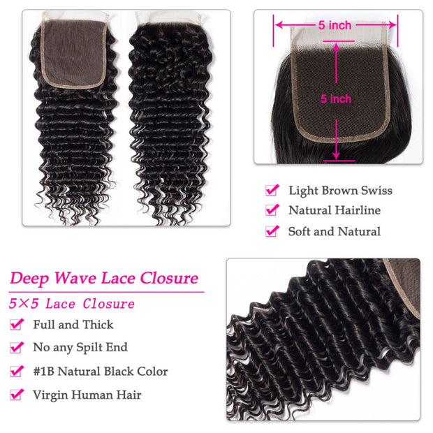 5x5 HD Closure High Quality Deep Wave Human Hair Natural Black
