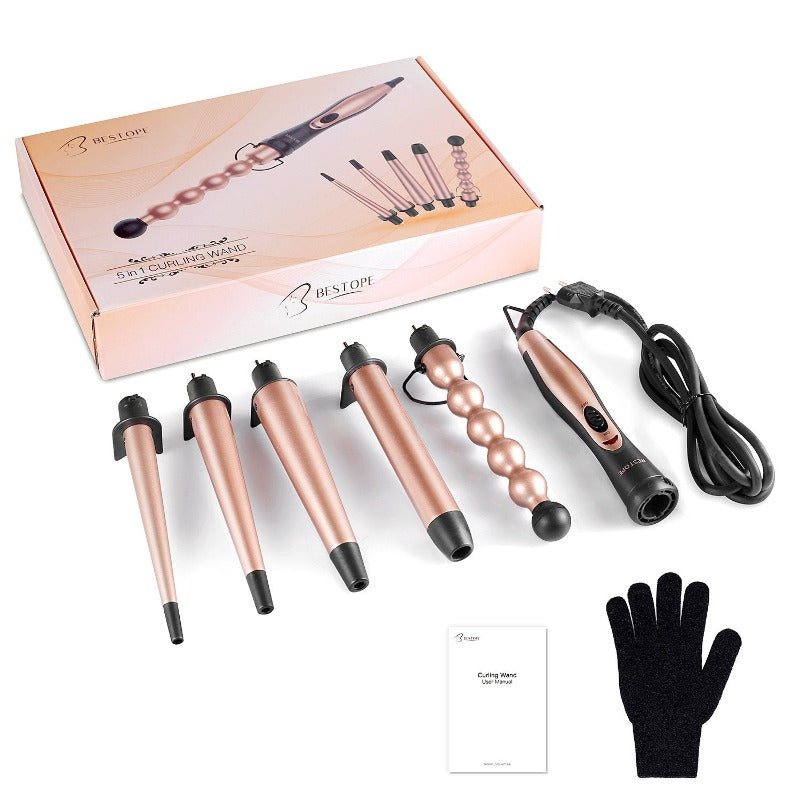 BESTOPE 5 in 1 Piece Ceramic Curling Wand Set and Heat Resistant Glove