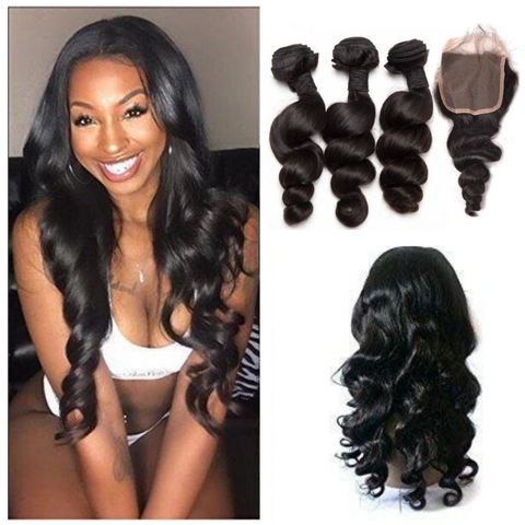 Ustar Natural Black Virgin Bouncy Loose Wave Hair 3 Bundles with 4 by 4 Lace Closure