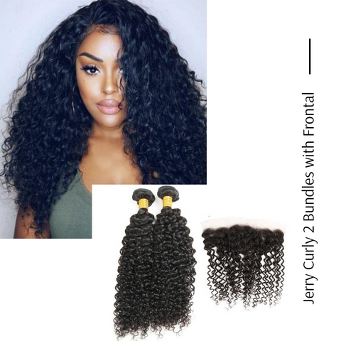Ustar  Natural Black Virgin Jerry Curl Hair 2 Bundles with Frontal