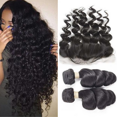 Natural Black Virgin Loose Wave Hair 2 Bundles with Frontal