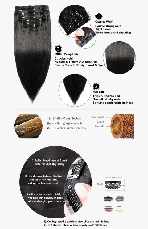 Straight 100% Human Hair Clip In Hair Extensions