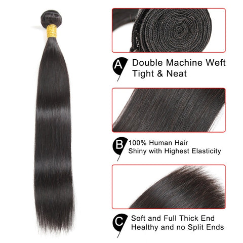 Ustar 7A Natural Black Virgin Straight Hair 2 Bundles with Frontal