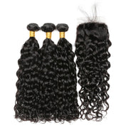Ustar 7A Natural Black Virgin Water Wave (Natural Wave) Hair 3 Bundles with 4 by 4 Lace Closure