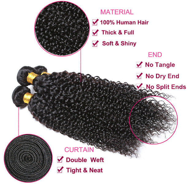 Ustar 7A Natural Black Virgin Jerry Curl Hair 3 Bundles with 4 by 4 Lace Closure