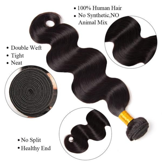 Ustar 7A Natural Black Virgin Body Wave Hair 3 Bundles with 4 by 4 Lace Closure