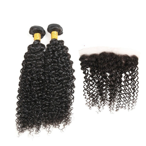 Ustar 7A Natural Black Virgin Jerry Curl Hair 2 Bundles with Frontal