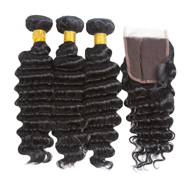 Ustar 7A Natural Black Virgin Deep Wave Hair 3 Bundles with 4 by 4 Lace Closure