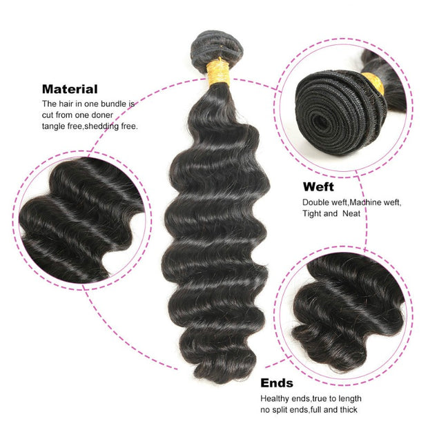 Ustar 7A Natural Black Virgin Loose Wave Hair 2 Bundles with Frontal