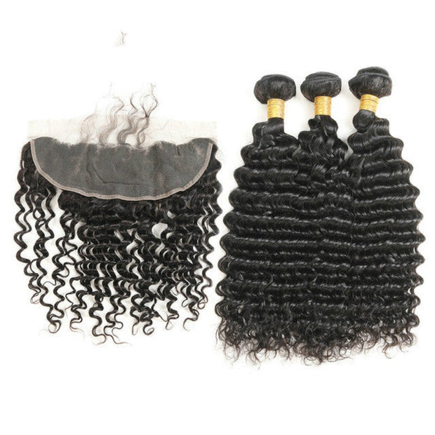 Ustar 7A Natural Black Virgin Deep Wave Hair 3 Bundles with Frontal
