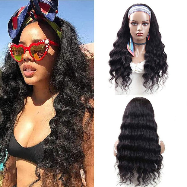 Loose Wave Headband Wig 100 Human Virgin Hair Natural Black With weavy cap and 5 Extra Free Color Headbands