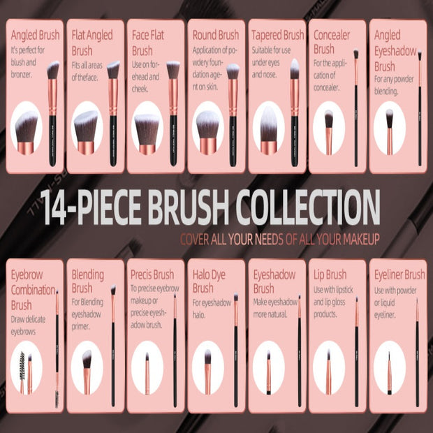 BS-MALL Makeup Brushes 14 Pcs Set Rose Golden With Case Premium Synthetic Brushes