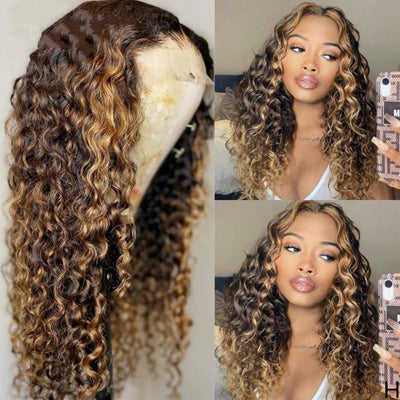 Deep wave Highlight Human Hair Wig honey blonde ombre